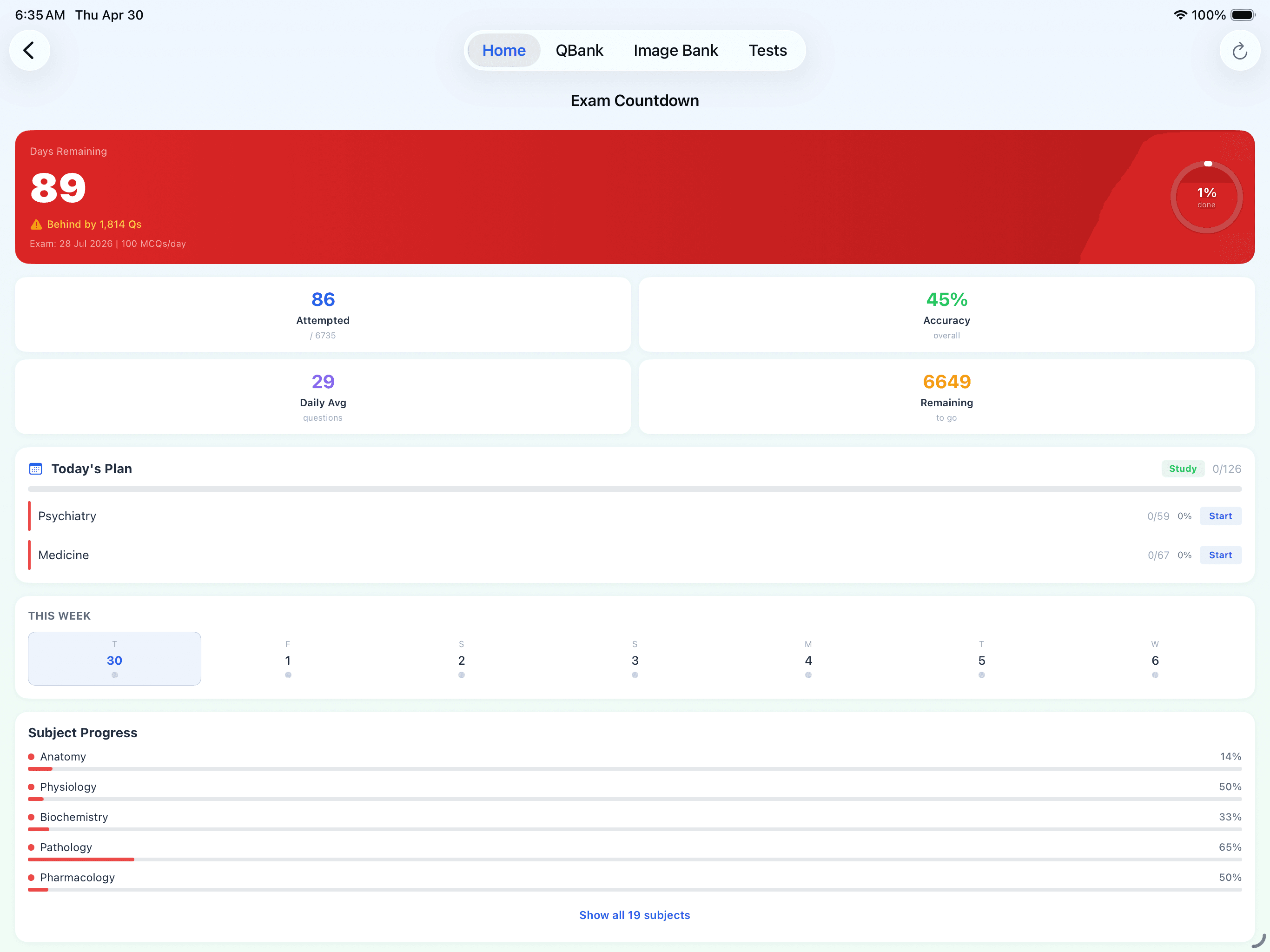 Kinase AI Countdown Planner — daily MCQ target with weak-subject rotation