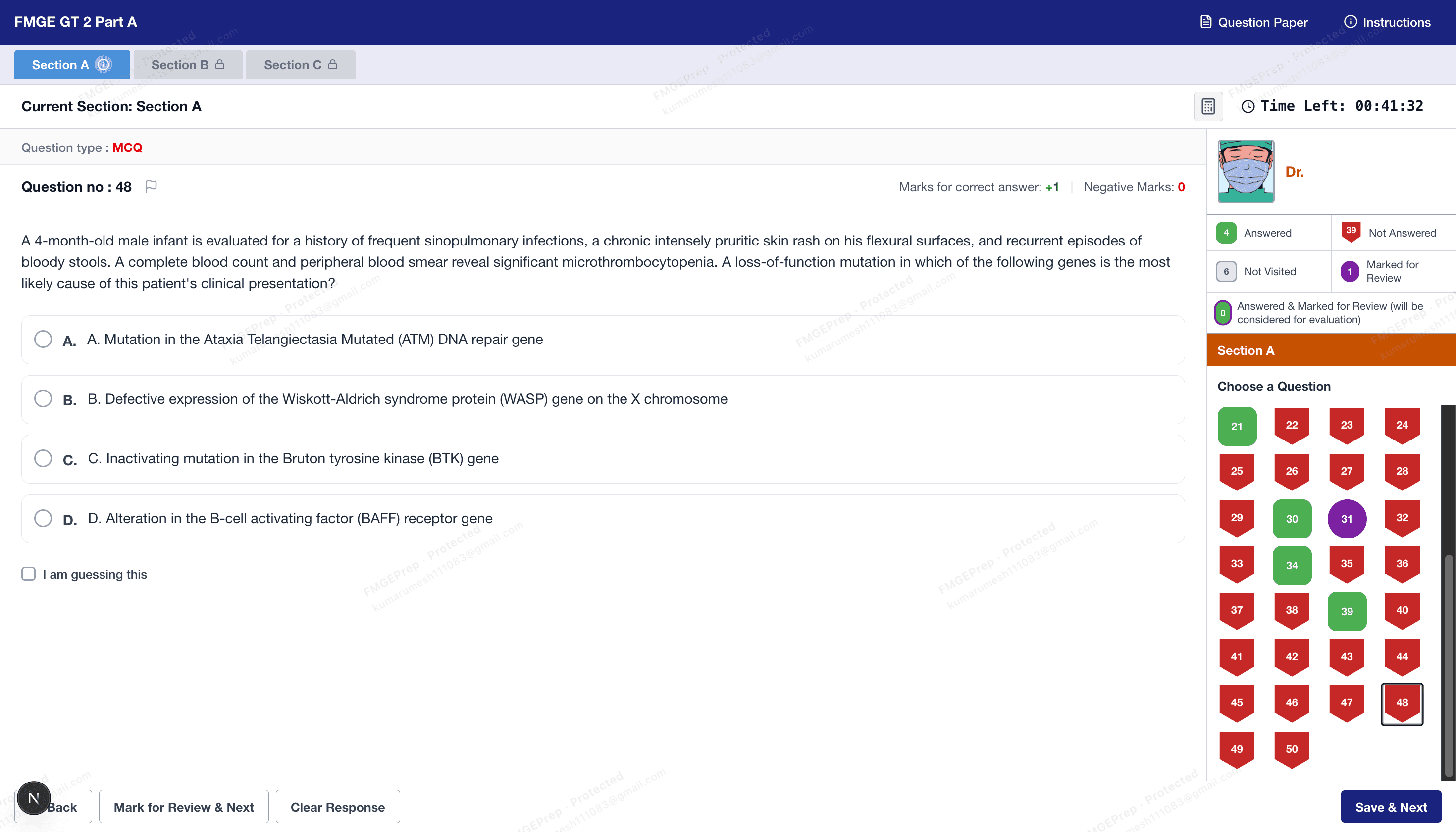 Kinase Grand Test interface — section timer, palette, and live question